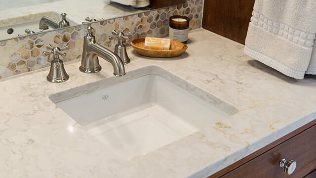 DXV Randall Widespread Faucet with Cross Handles paired with DXV Pop Square Grande Under Counter Sink