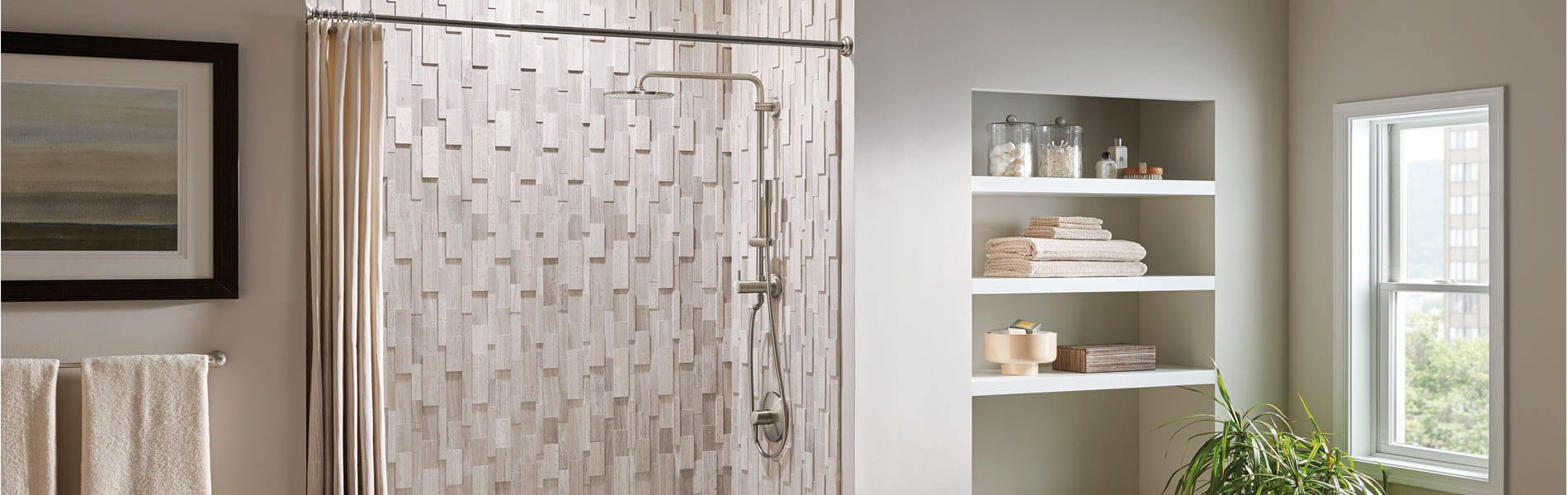 Euphoria cosmopolitan shower with a wooden panel shower tile background.