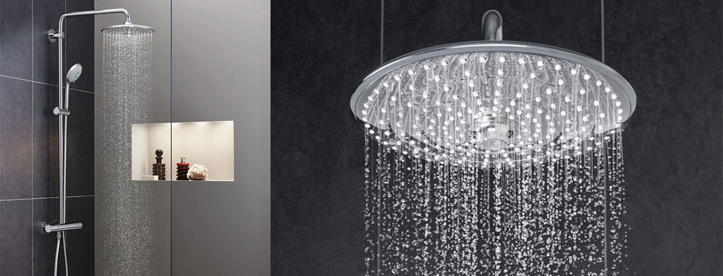 Euphoria douche avec une vue complète à côté d'un gros plan de la pomme de douche.