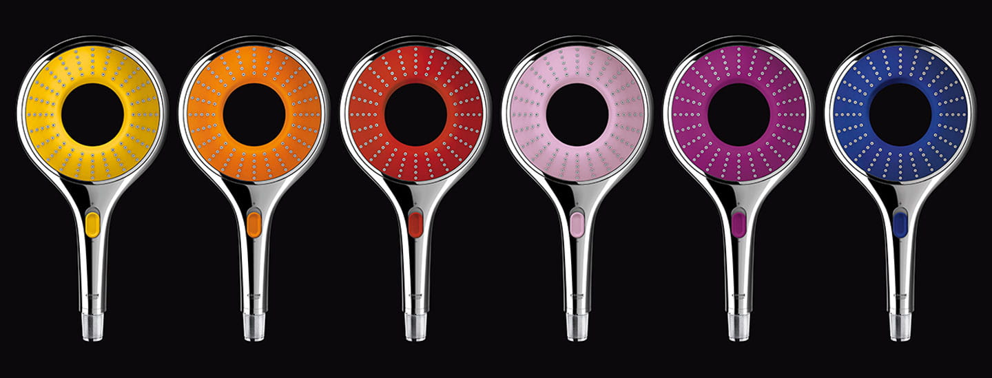 colorful hand shower options with black background