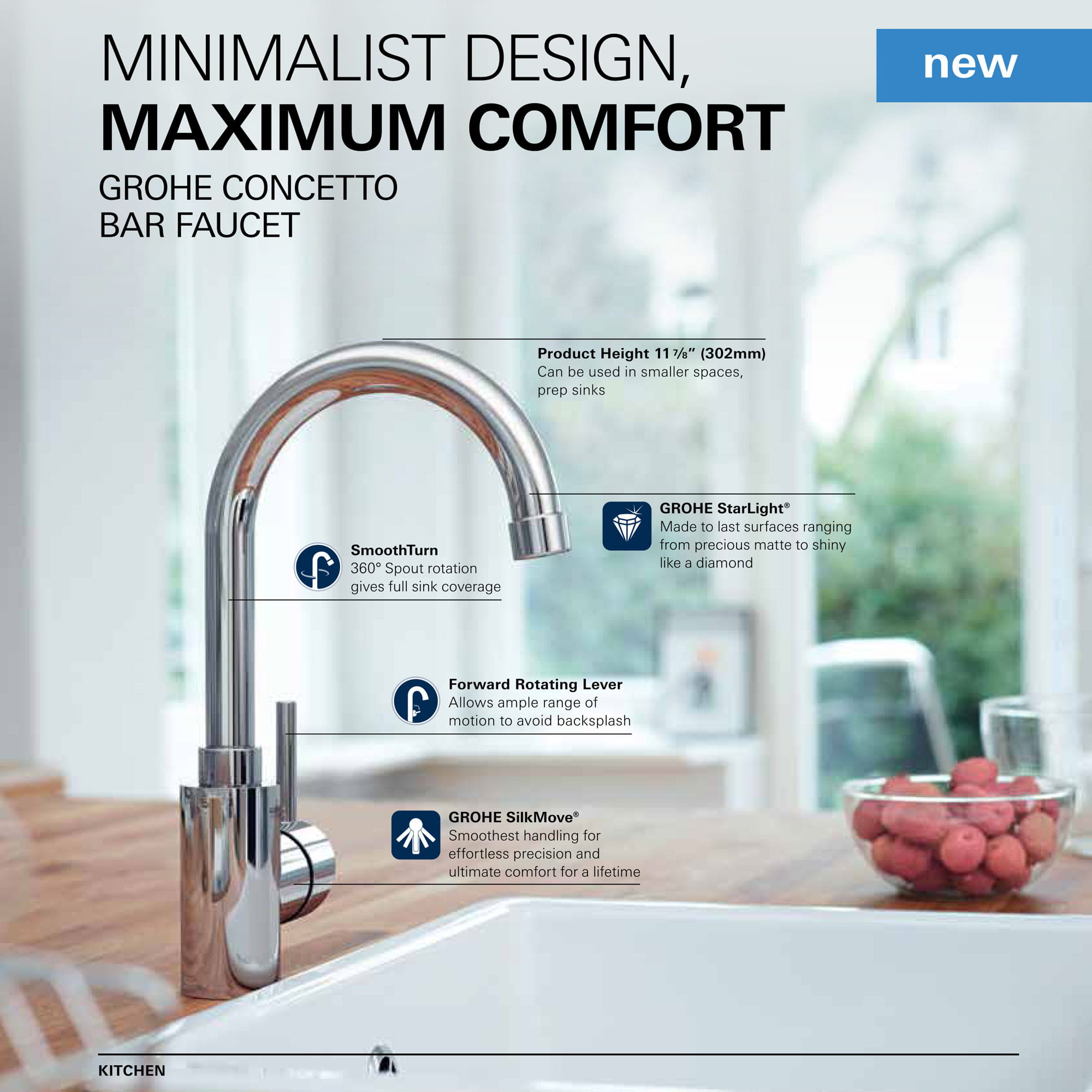 sink with faucet with text that includes specs, and cup of fruit on the side of table
