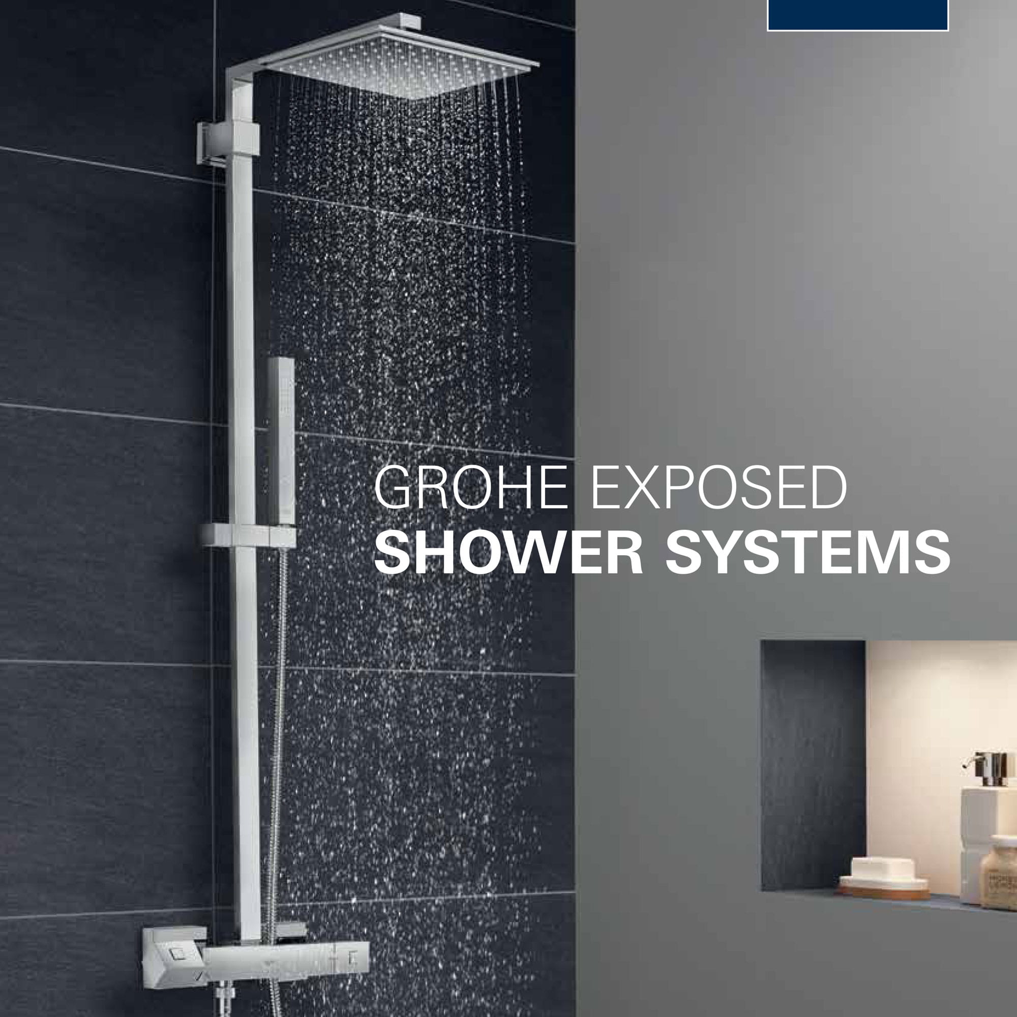 exposed shower running with grey theme