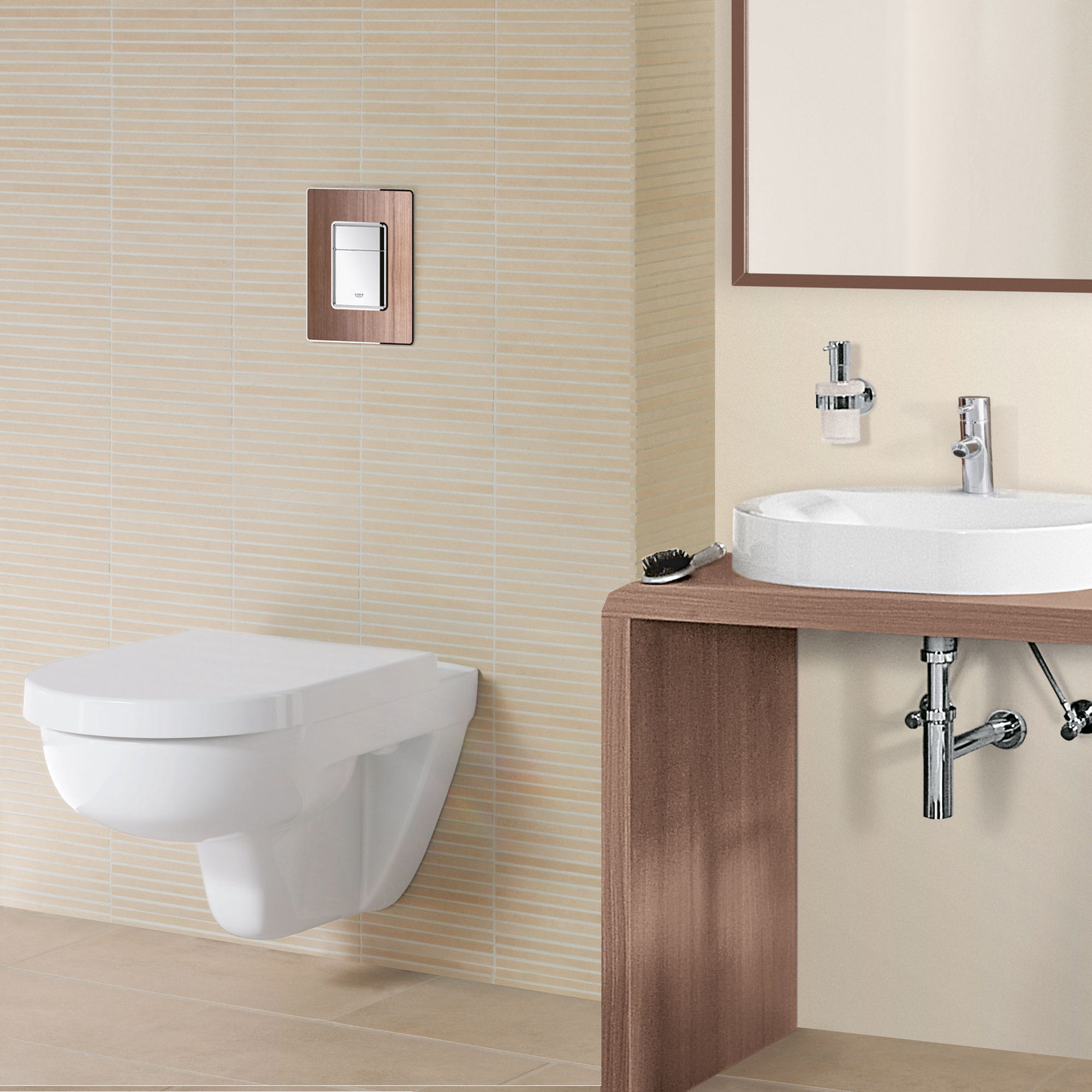 Bathroom with a white flush plate and sink.