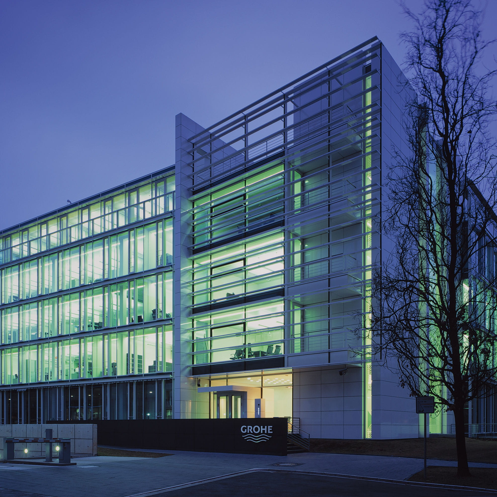 outside of Grohe building at night