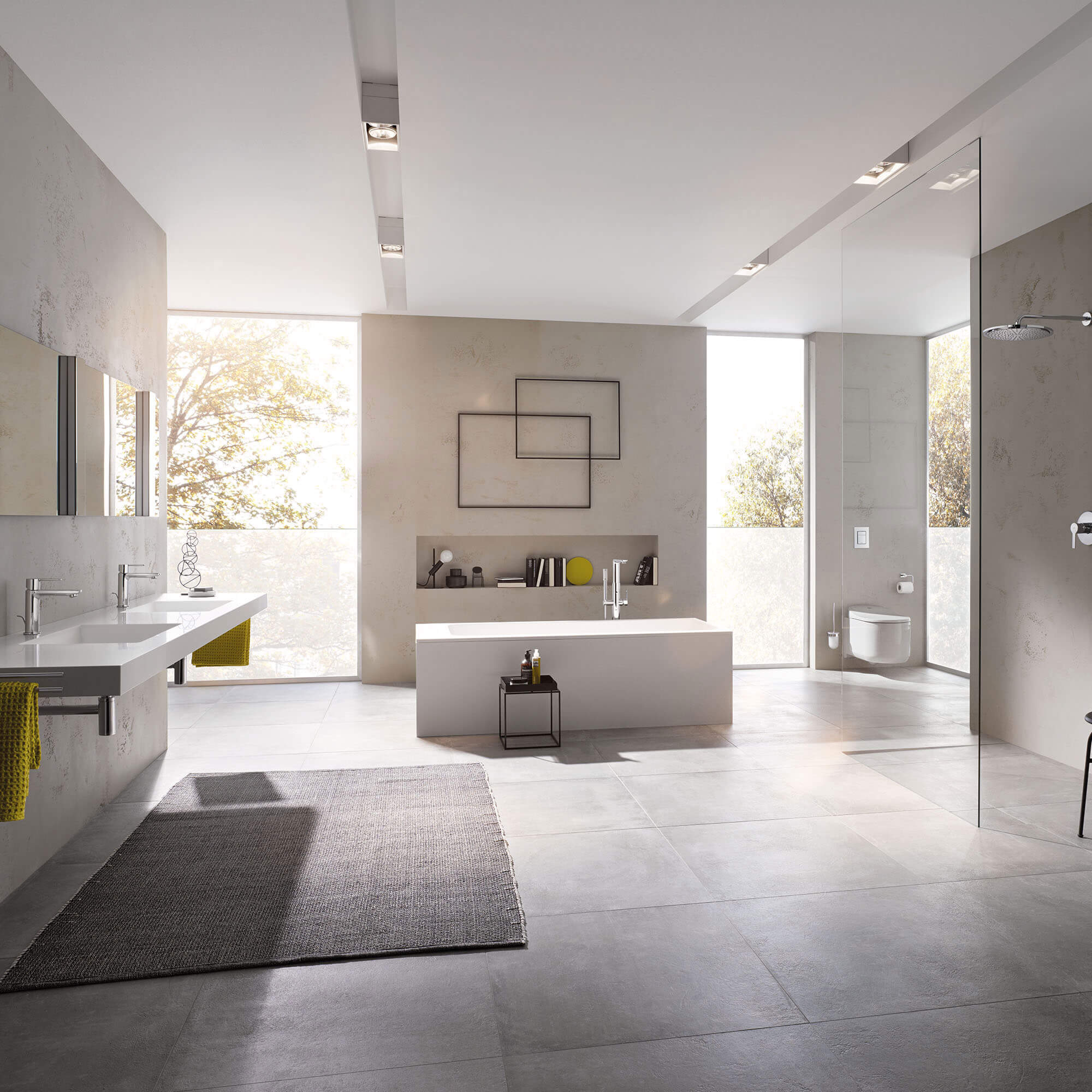 Complete bathroom display with floor to ceiling length windows.