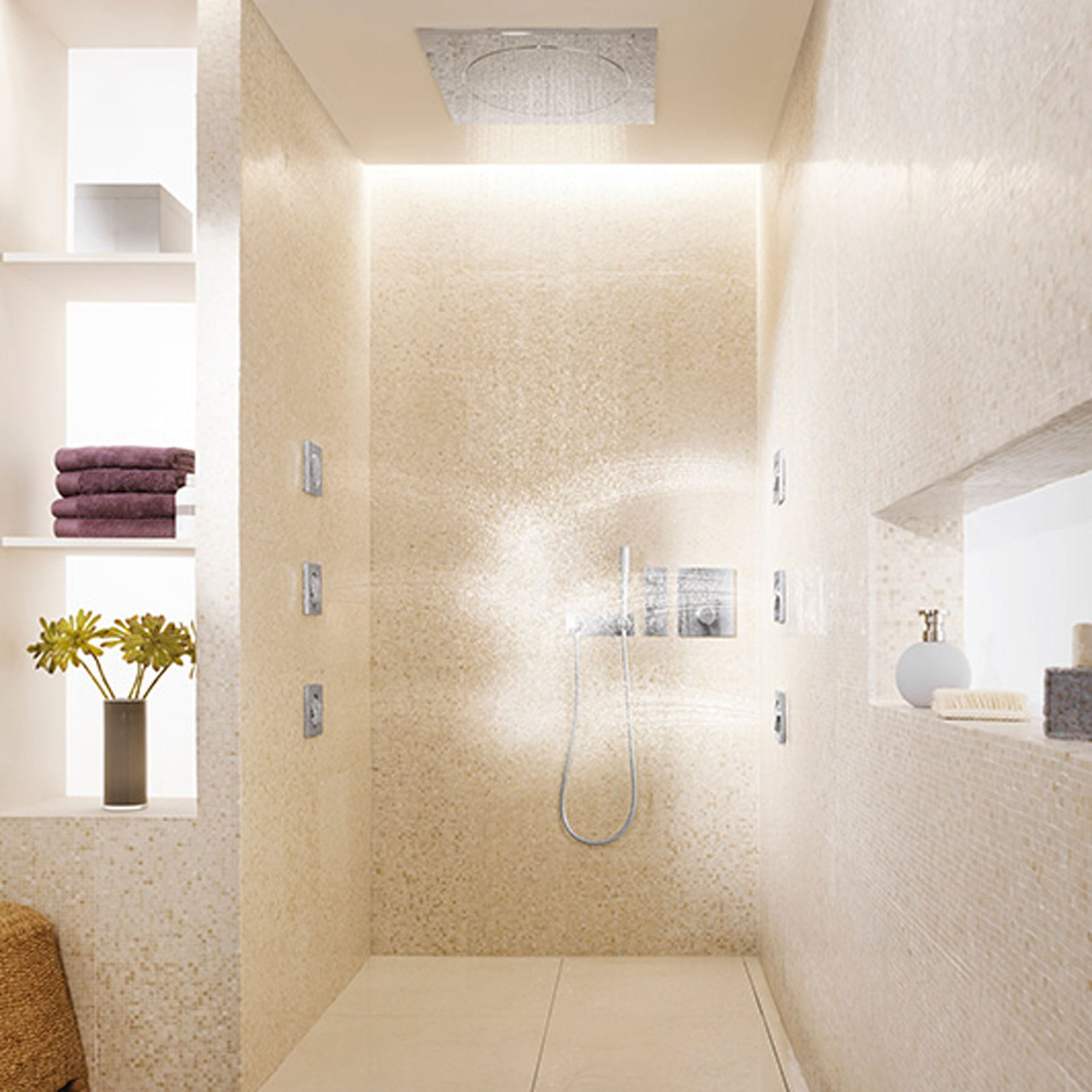 Bathroom shower with wall spray jets and rain showerhead