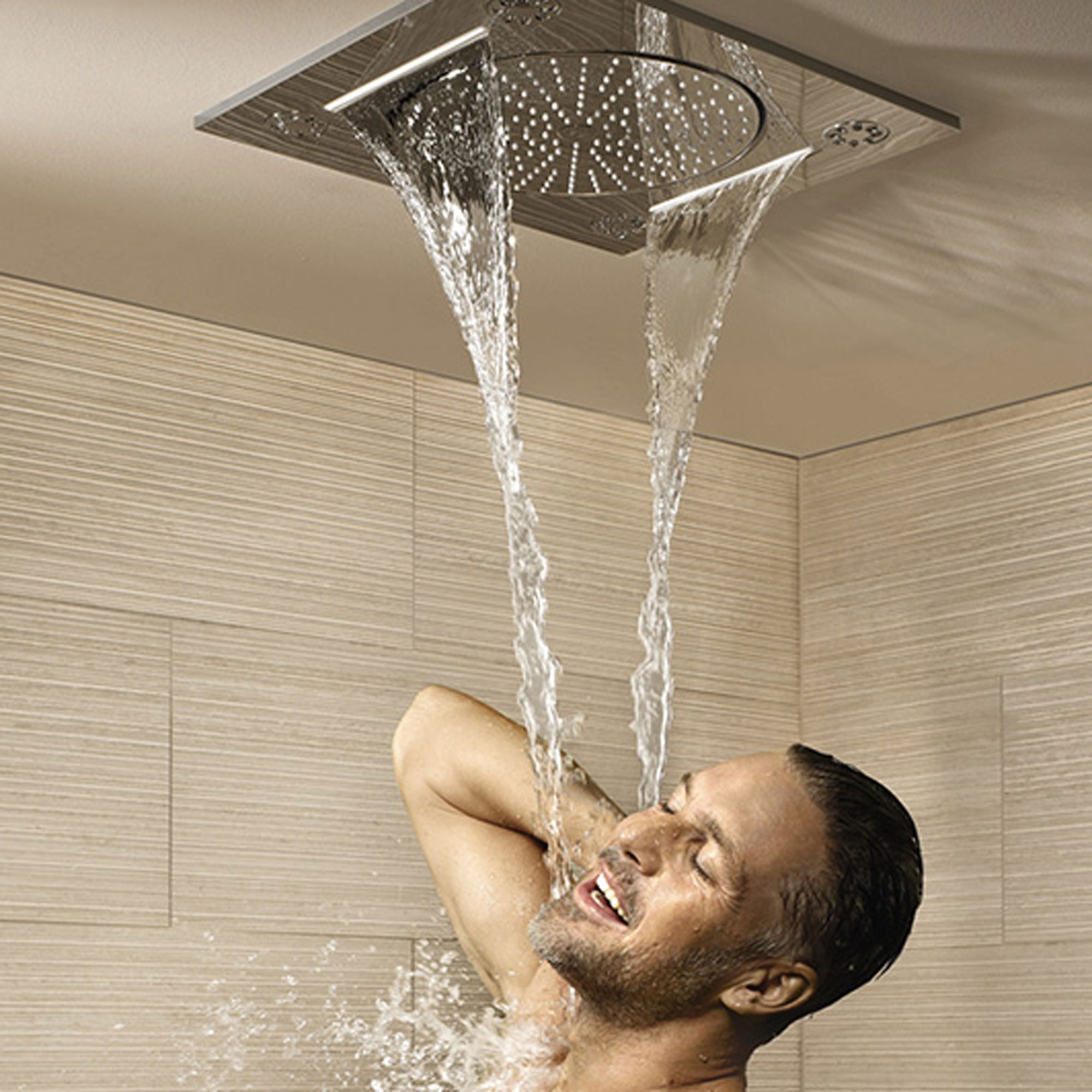 Grohe rainshower with water running onto person