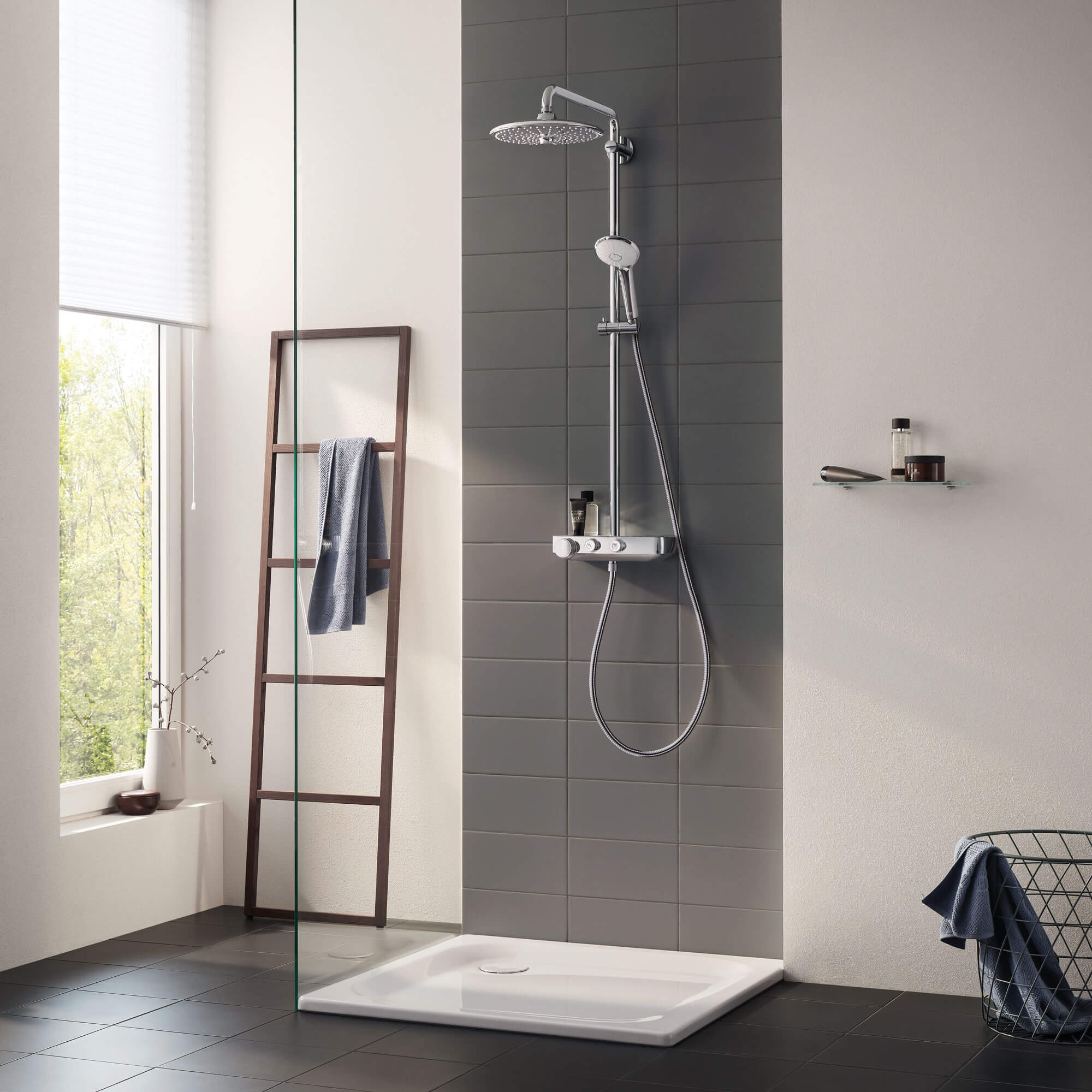 Euphoria smartcontrol shower displayed in a grey toned bathroom.