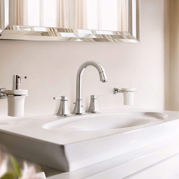 Grandera faucet in a bathroom with a white sink.